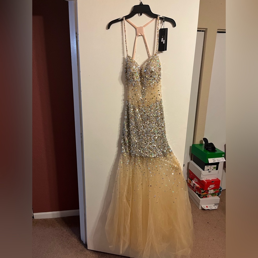 Brand new with tags shimmer evening or prom dress, gem detail